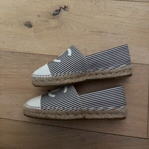 CHANEL Black and White Striped Espadrilles